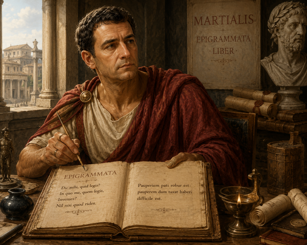 Representación histórica del poeta Marcial junto a un manuscrito de sus Epigramas