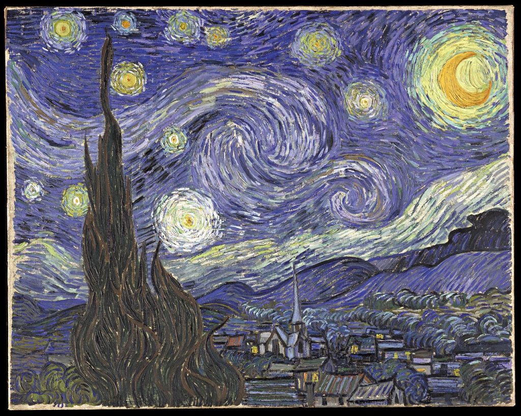 La noche estrellada de Vincent van Gogh, cielo azul con remolinos luminosos sobre un pueblo