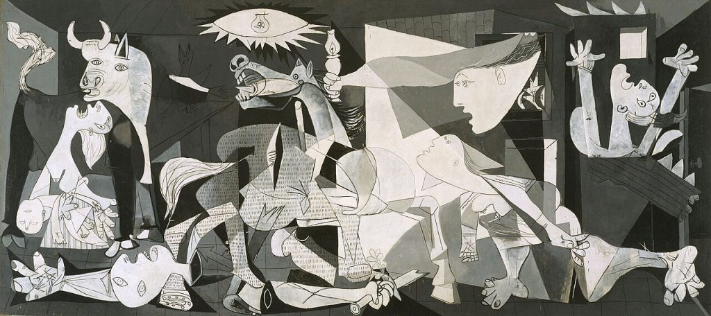 Guernica de Pablo Picasso, gran composición monocroma con figuras humanas y animales heridas