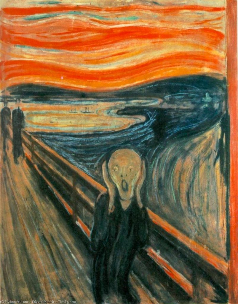 El grito de Edvard Munch, versión de 1893, con figura frontal sobre un puente y cielo ondulante
