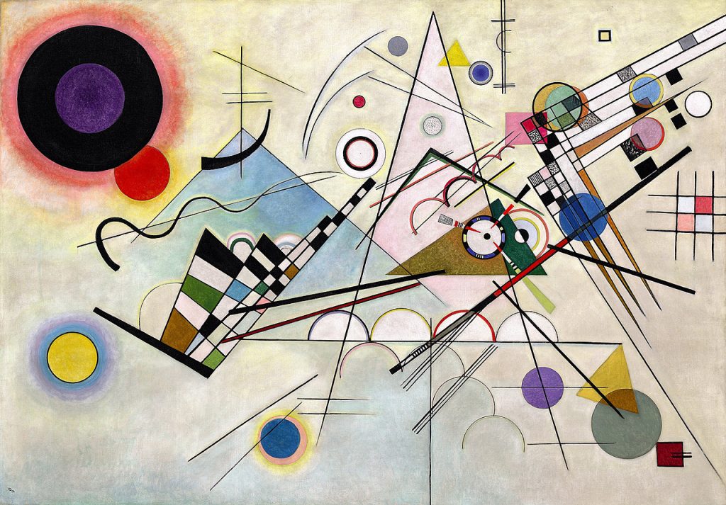 Composición VIII de Kandinsky, pintura abstracta geométrica con círculos, líneas y triángulos