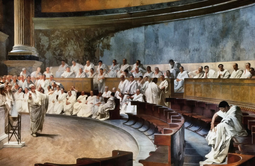 Cicerón pronunciando un discurso contra Catilina en el Senado romano