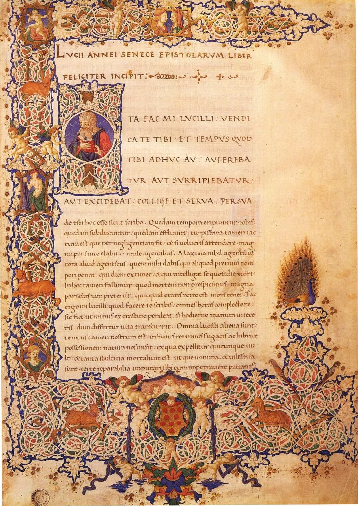 Busto antiguo asociado a Séneca junto a un manuscrito de las Cartas a Lucilio