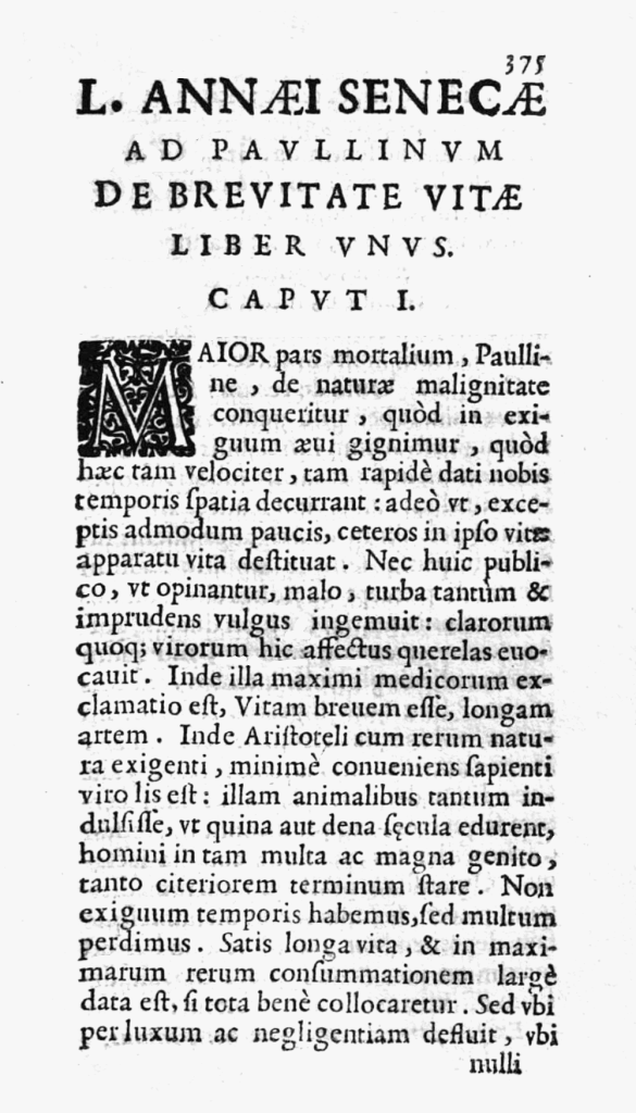 Página de una edición de 1643 con el inicio de De la brevedad de la vida de Séneca